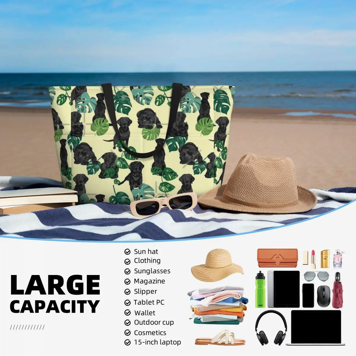 Borsa da viaggio da spiaggia tropicale Labrador nera, borsa da viaggio Shopping retrò regalo di compleanno quotidiano modello Multi-stile