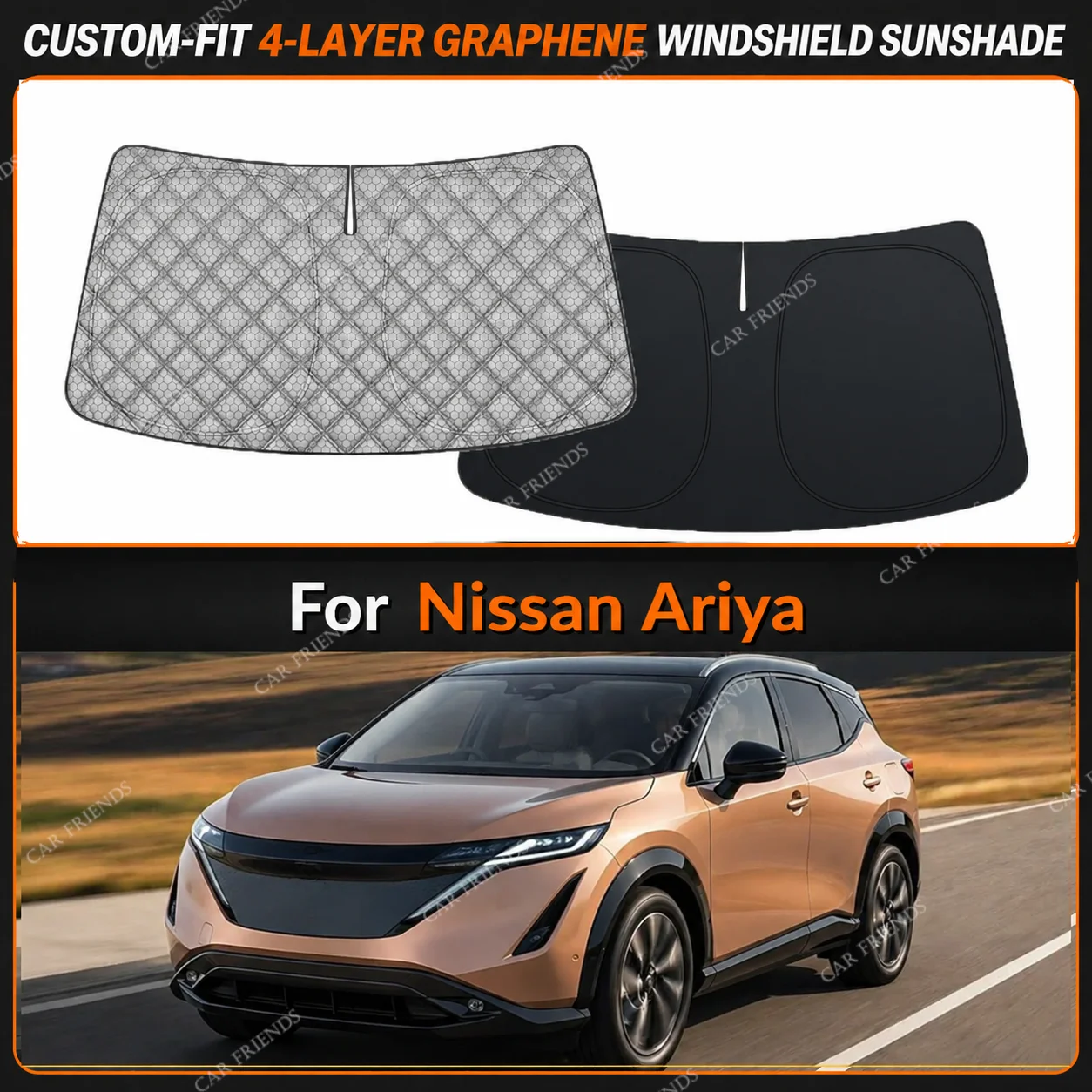 For Nissan Ariya Custom-Fit 4-Layer Graphene Windshield Sunshade Reflective Gray-Silver Surface Helps Reduce Direct Sunlight