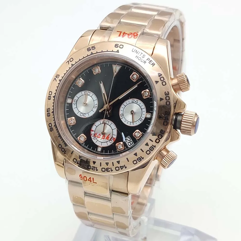 Luxury Rose Gold Quartz Watch, VK63 Chronograph, Water Resistant, Aseptic Diamond Dial, Day Date, Sport Wristwatch