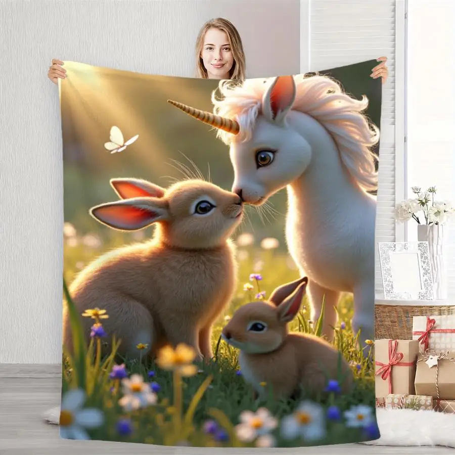 White Unicorn And Two Bunnies Wildflower Meadow Flannel Throw Blanket, Fairy Tale Animal Blanket for Bedroom Sofa Decor