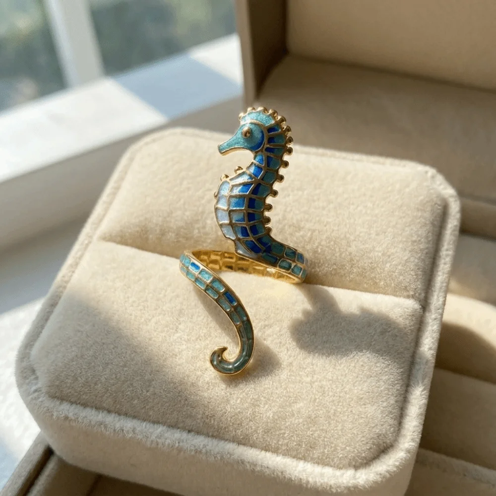 Colorful Stainless Steel Seahorse Ring Adjustable Non Fade Wrap Band Ring Lightweight Vintage Enamel Open Ring Party