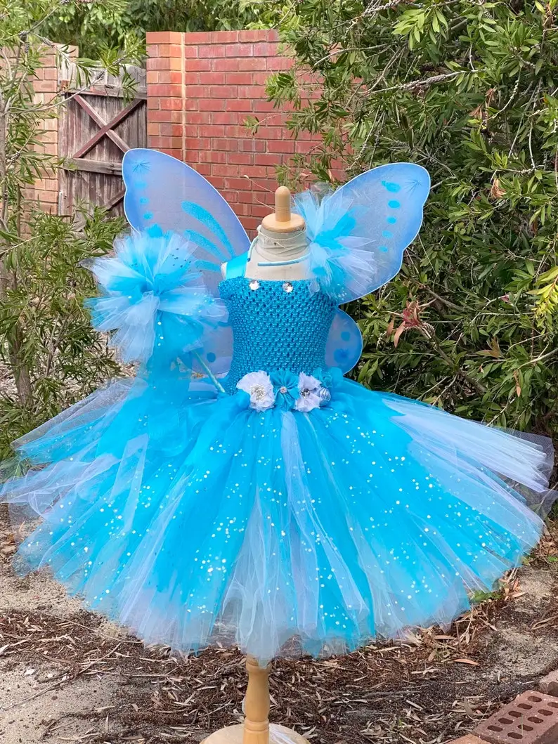 Girls Blue White Glitter Flower Tutu Dress Kids Fairy Dress With Wing Stick Set Children Birthday Party Costume Princess Dress