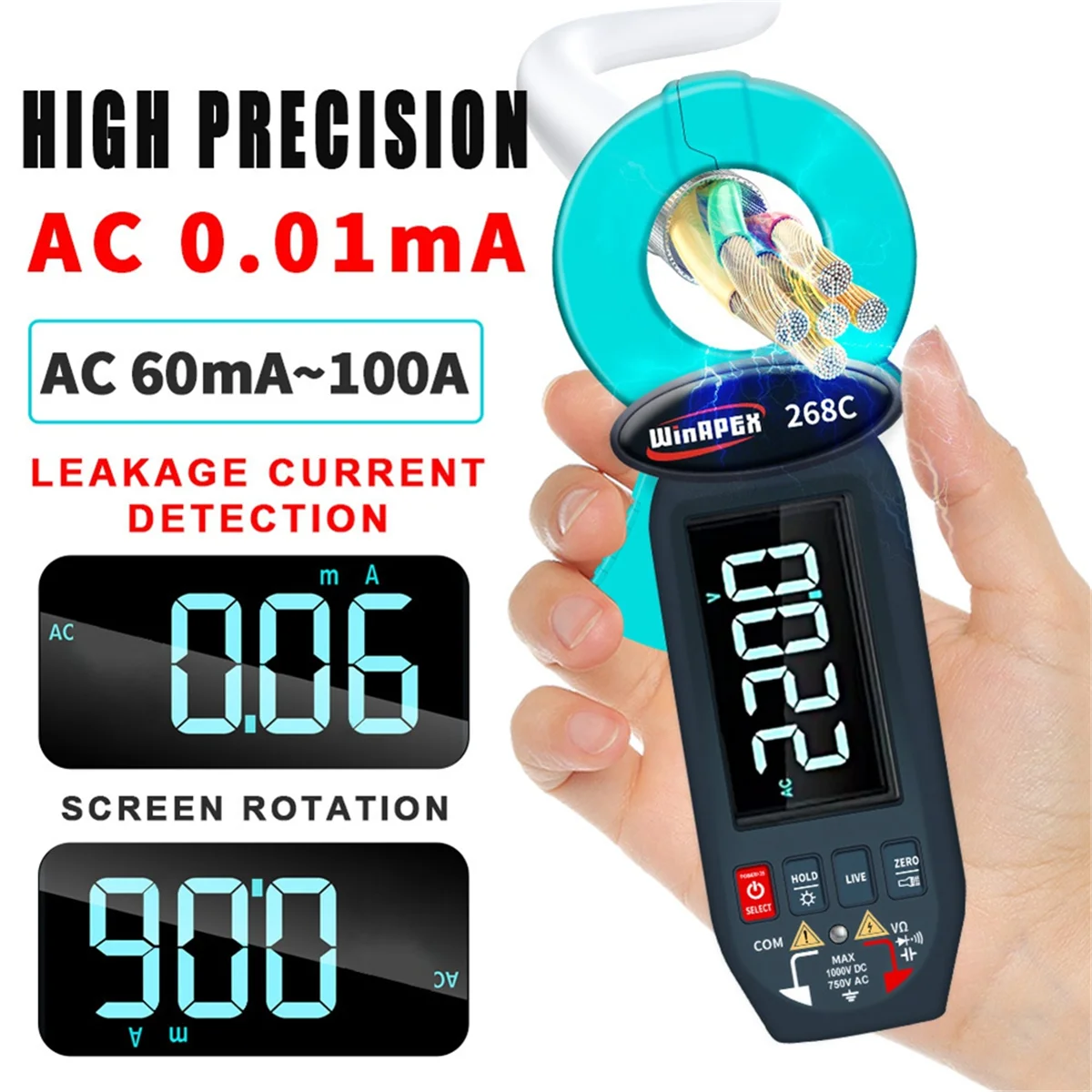 ABME  Leakage Current Detect Clamp Meter 0.01mA True RMS 60A AC DC Current Voltage Temp Screen Rotation NCV Multimeter