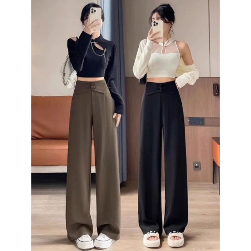 Neue Chinesische Stil Anzug Hosen frauen Frühling Herbst 2025, Bequeme Schnalle Hohe Taille Dünne Lose Gerade Wischen Breite Bein hosen