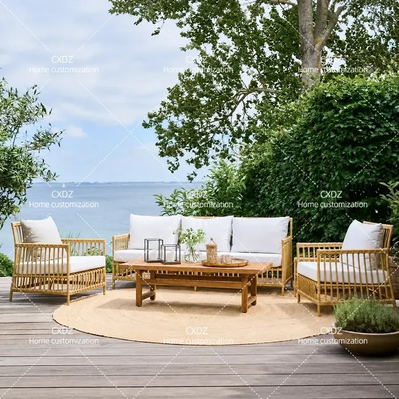 Outdoor Rattan Sofa Set Waterproof Sunproof Patio Garden Furniture Double Seating Lounge Chair for Terrace Small Apartment