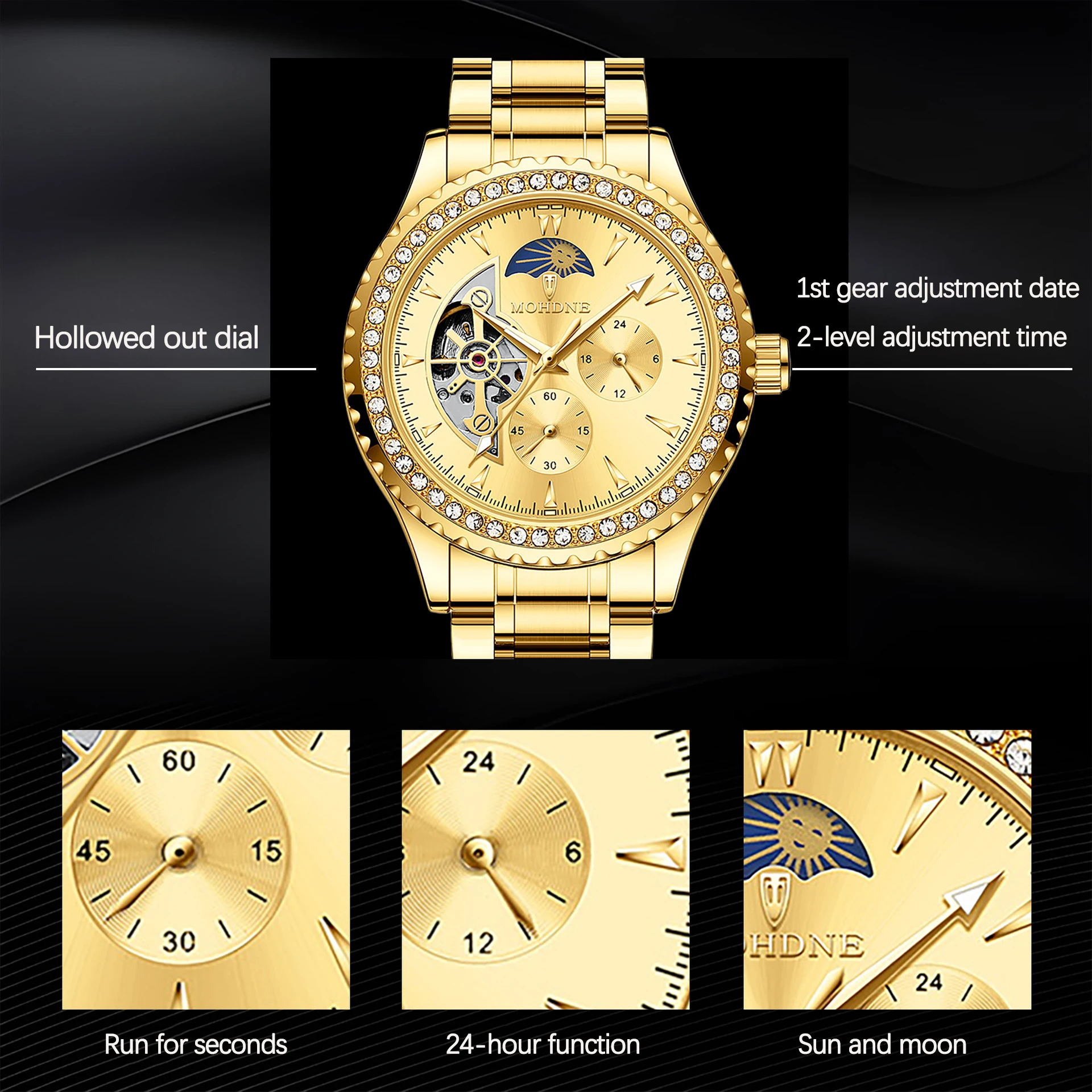 UTHAI M34 Orologio da uomo alla moda con diamanti tempestati di diamanti impermeabile luminoso scavato orologio meccanico completamente automatico, orologi da uomo