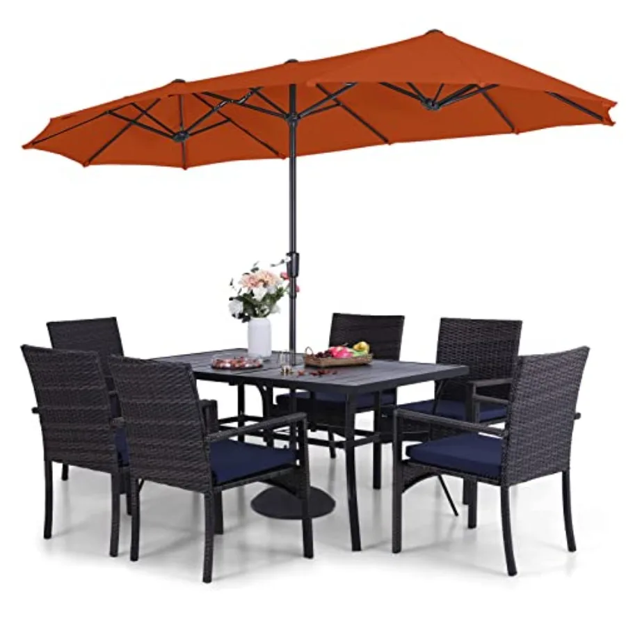 

Patio Outdoor Table and Chairs Set with Umbrella Orange Red 7 Pieces Metal Dining Set for 6 with Hole Table and Rattan Chairs f