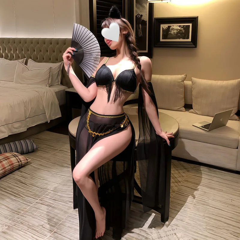 

Women Belly Dance Outfits Arabian Princess Costume Fancy Dress Fringe High Slit Skirt Set Sexy Mesh See-through Underwear New