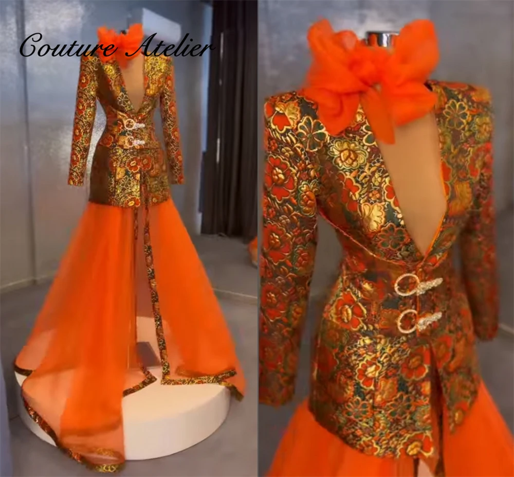 Vintage Embroidery Orange Evening Dresses Long Luxury 2024 Mermaid Proml Dress Elegant Long Sleeve Wedding Party Gown Customized