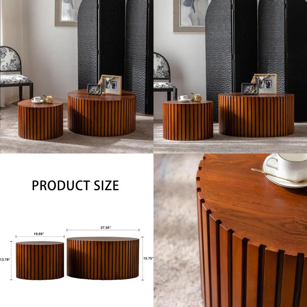 

Walnut Nesting Coffee Table Set with Wave Stripe Design, Farmhouse Style Wooden Circle Tables for Center Accent