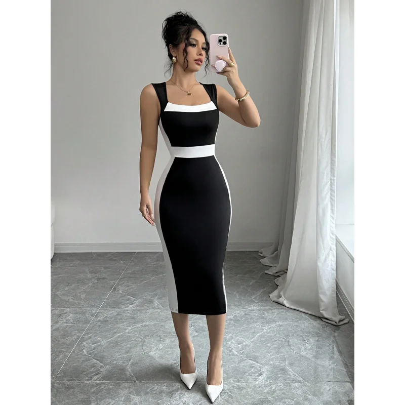 

2025Summer New Women's Fashion Mature Style Intellectual Dress Square Neck Strap Color Block Long Dress