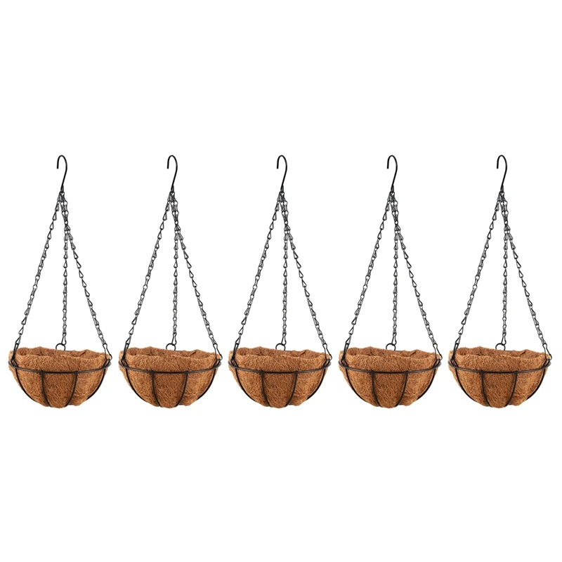 5X Black Growers Hanging Basket Planter With Chain Flower Plant Pot Home Garden Balcony Decoration-8Inch