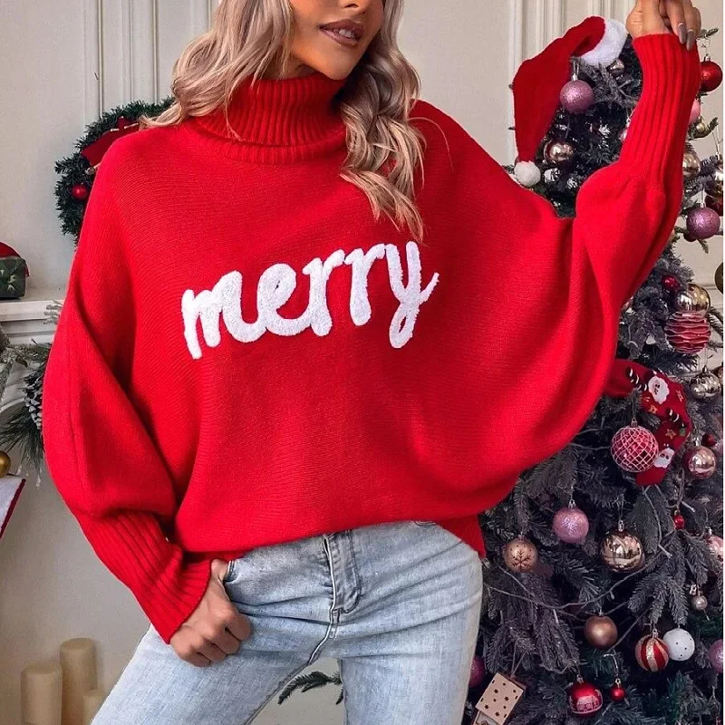BLACK SWEET Autumn and Winter New Christmas Sweater Women High Neck Loose Batwing Sleeve Short Knitted Sweater Womens Pullover image 3