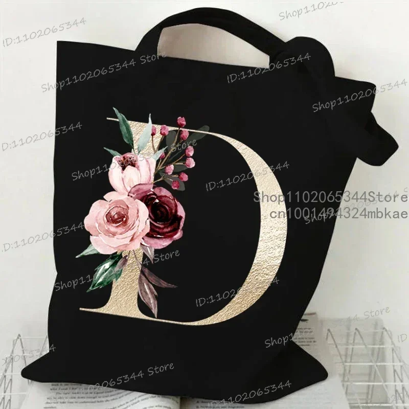 Bolso de lona con patrón de alfabeto de flor rosa para mujer, A-Z 26, bolsos de mano con gráfico Floral del alfabeto, 26 iniciales, bolso de compras para mujer