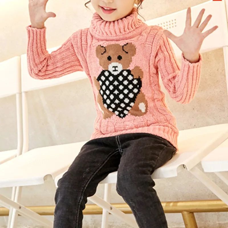 Autumn Winter Warm Sweater for Boys Girls Cute Cartoon Bear Pullover Children Turtleneck Knitted Sweater Kids Clothing Tops