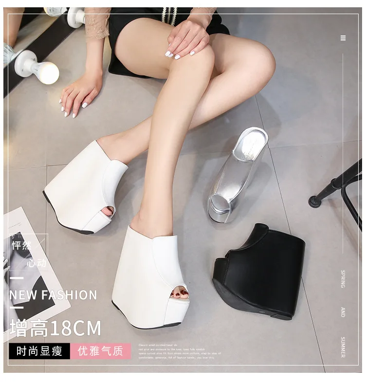 Peep Toe Platform Wedge Slippers Women Summer Sexy Super High Pumps Sandal Shoes Black 35-42 Mules