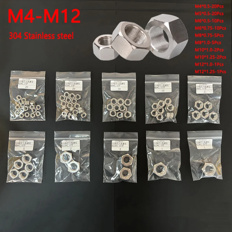 76Pcs DIN934 Hex Hexagon Nut  304 Stainless Steel Set M4 M5 M6 M8 M10M12  Fine Teeth Hexagon Nut  Assortment Kit Box