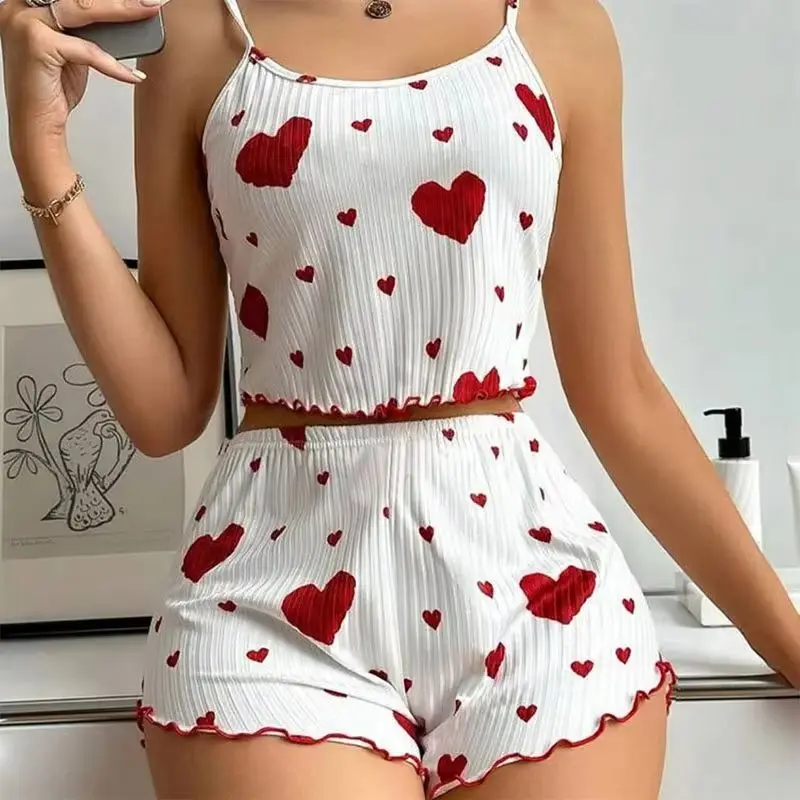 

Women's Pajamas Set Sleepwear 2 PCS Short Tank Tops And Shorts S M L White Ventilate Soft Casual Love Printing