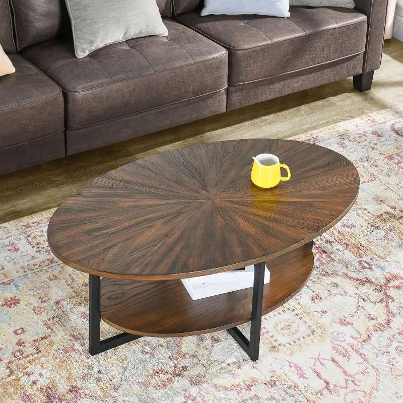 JESONVID Solid Wood Oval Coffee Table with Cross Metal Legs, 43.3in Modern Industrail Center Table,Open Shelf Cocktail Tea Table image 4