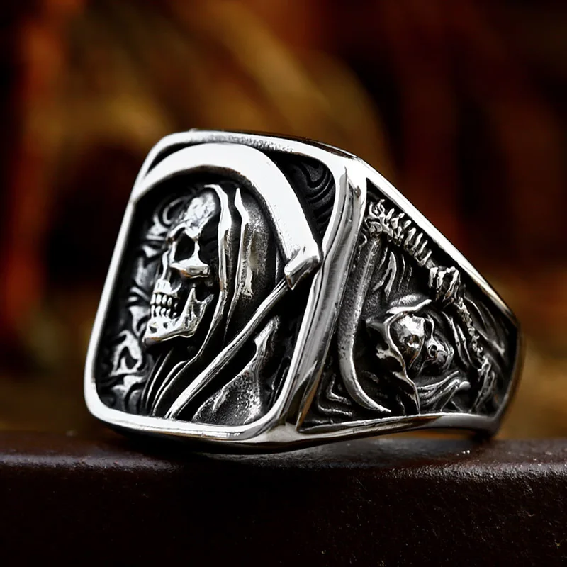 Europe and America Retro Silver Color Stainless Steel Embossed Sickle Death Ring Man Gothic Happy Halloween Hip Hop Party Ring