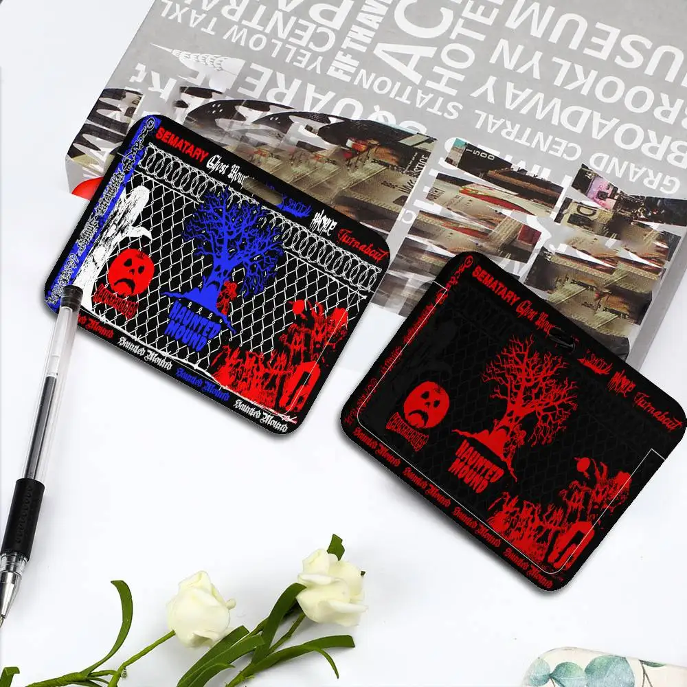 S-Sematary Haunted Mound Harold USA Sliding ID Badge Holder with Clear Window ID Card Protector for Office School Staff Student