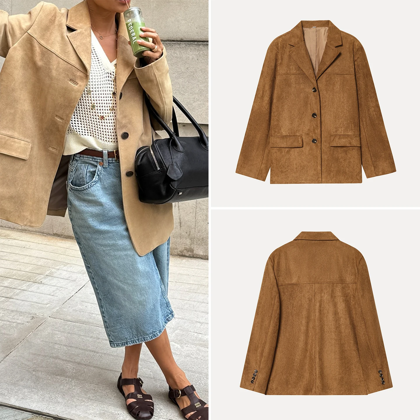 

Loose Long Sve Women's Suit Jaet Single Button Decorated Collar Casual Faion Outerwear Z Brand Other Sle