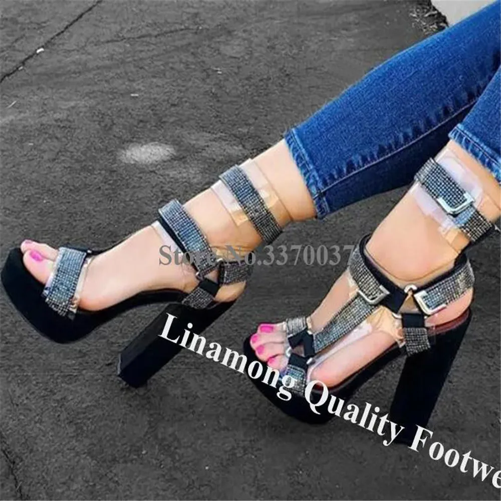 

Linamong Newest Bling Bling Rhinestone Straps Chunky Heel PVC Metal Buckles Sandals High Platform Crystal Thick High Heels