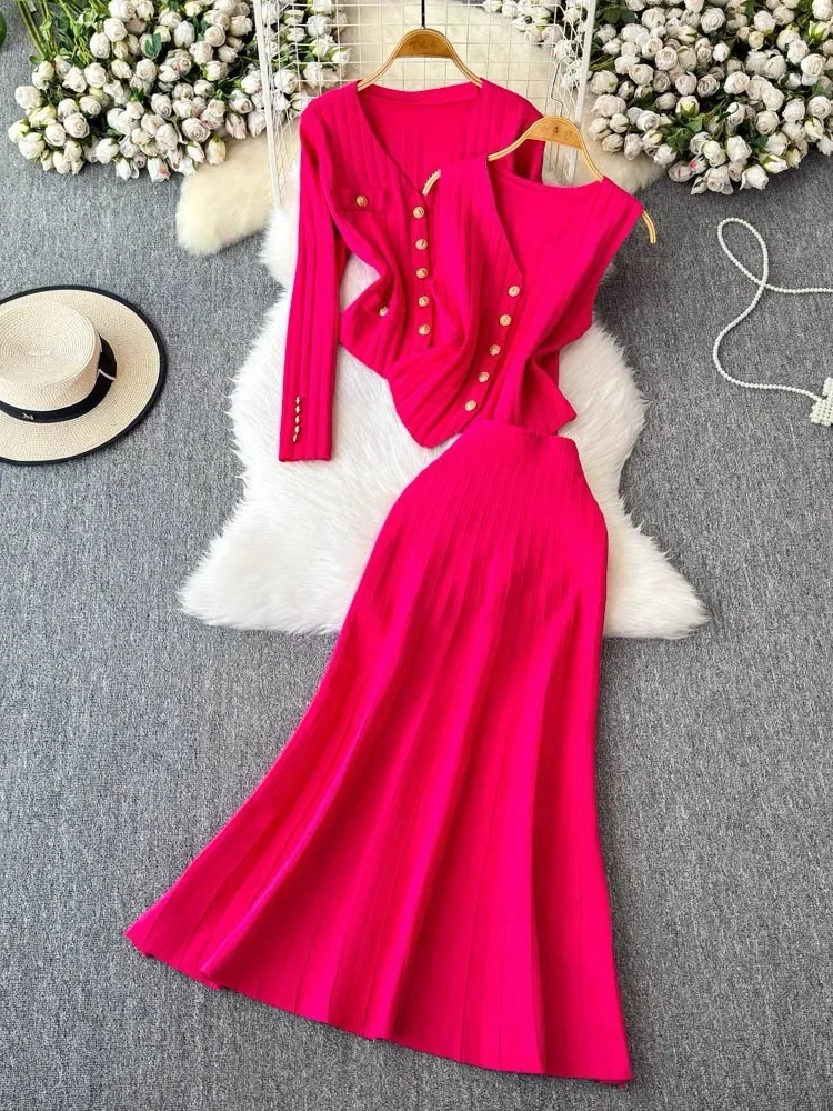 

Knitted Sweater Three Piece For Women 2024 Senior Knit OL Sets V Neck Full Sleeves Tops+Tank Tops+Elastic Waist Slim Skirt Suits