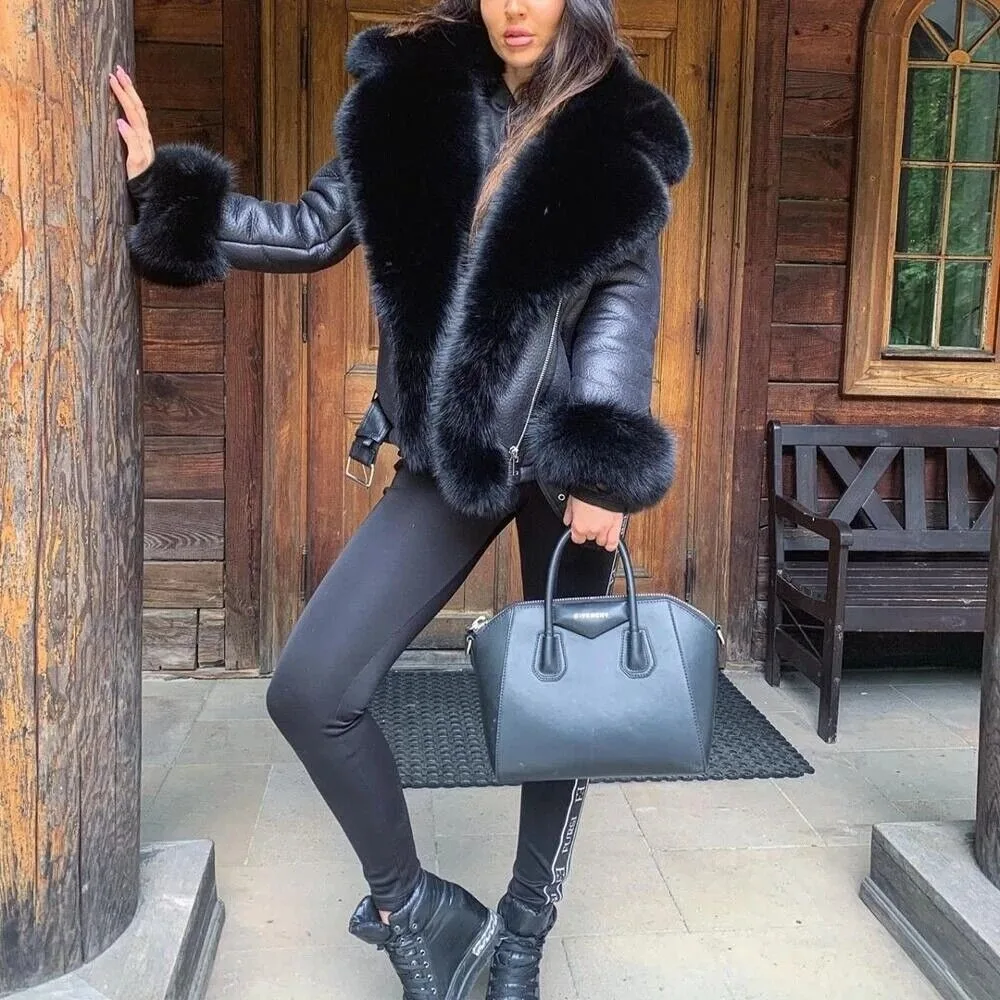 Women Winter Genuine Sheepskin Motorcycle Jackets With Real Fox Fur Collar Coat warmth fluffy authentic genuine fur coats 2024