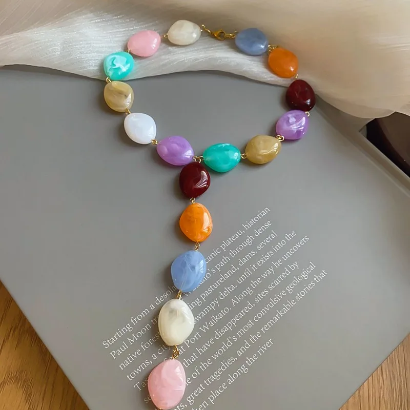 Minar 2026 New Rainbow Irregular Geometrical Acrylic Beads Beaded Necklace for Women Girls Gold Plated Iron Alloy Strand Choker