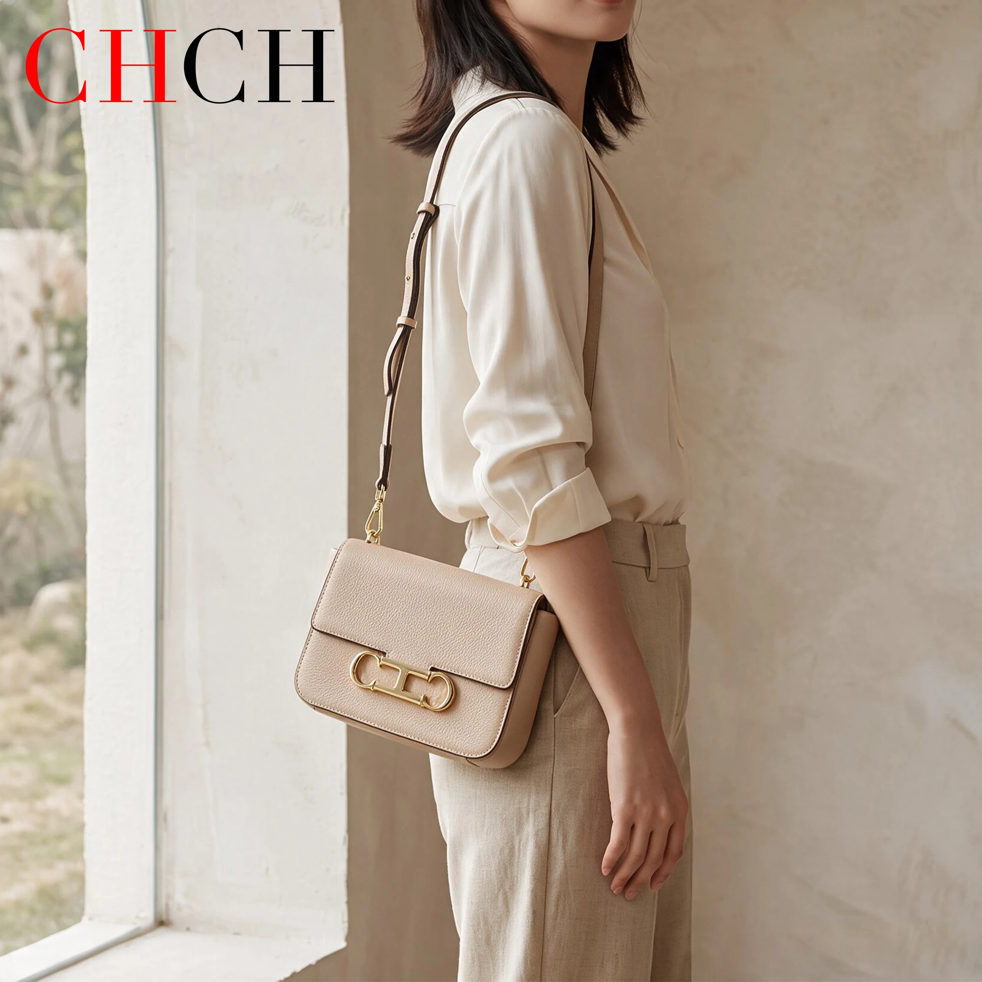 CHCH Women Apricot Cowhide Leather Saddle Bag, Magnetic Snap Flap Genuine Leather Shoulder Crossbody Bag, Vintage Handbag Purse