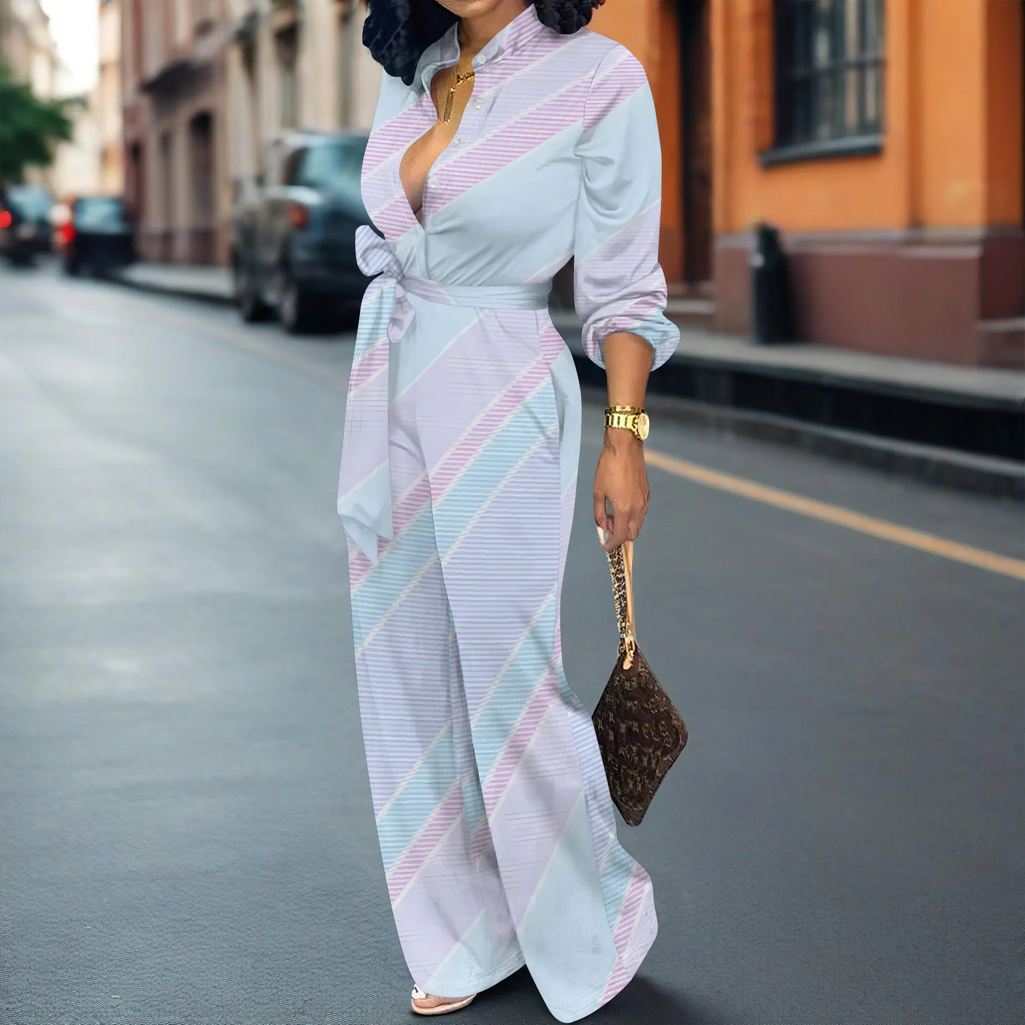 

Nupusa Striped Print Jumpsuit for Women Standard Size Summer Casual Shirt Collar Half Sleeve Outfit