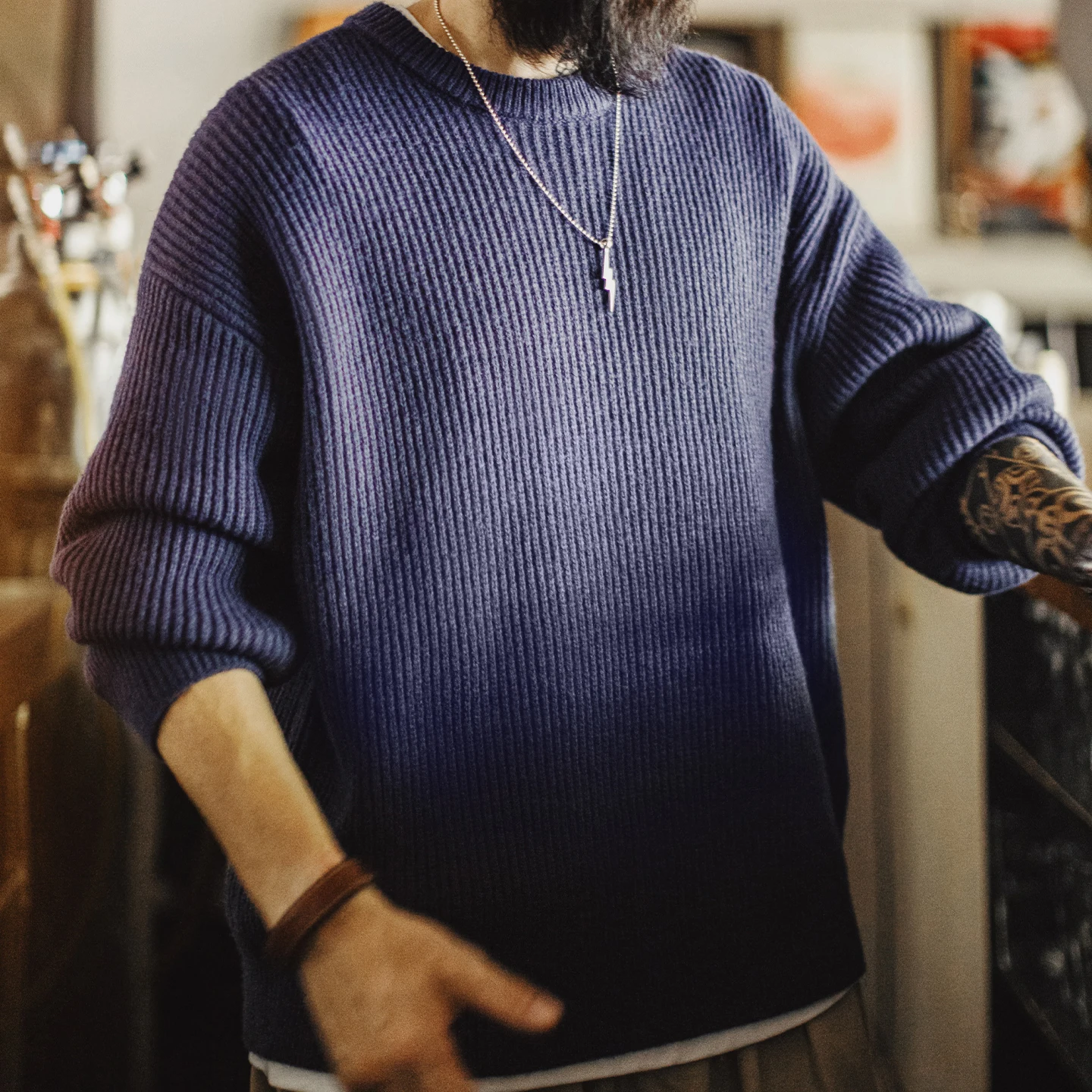 

Винтажный вязаный свитер Maden в синюю полоску, мягкий пуловер в рубчик с круглым вырезом и драпировкой, свободный крой, термотрикотажные топы на осень-зиму