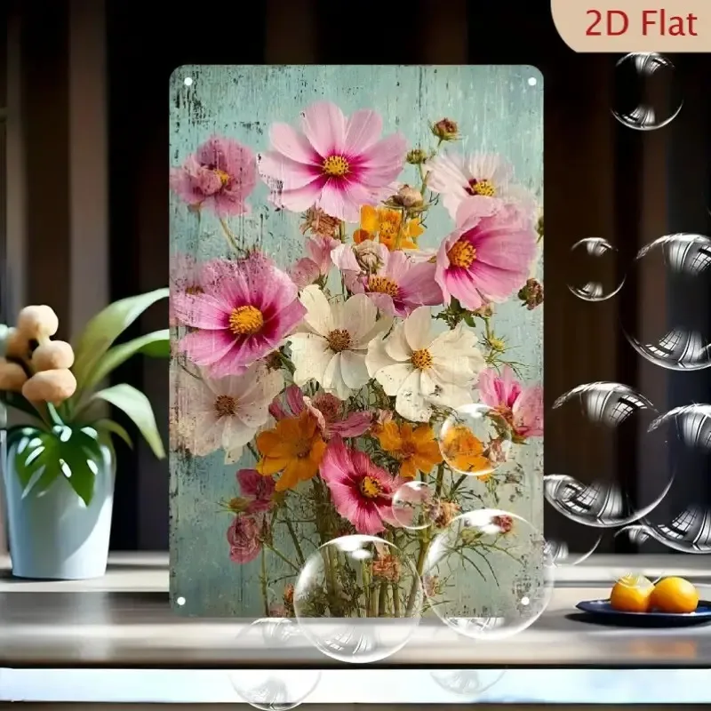 1pc Vintage Cosmic Floral Metal Wall Art Aluminum Sign- 8x12inch Rustic Turquoise Blue Iron Finish Texture Pink White Yellow