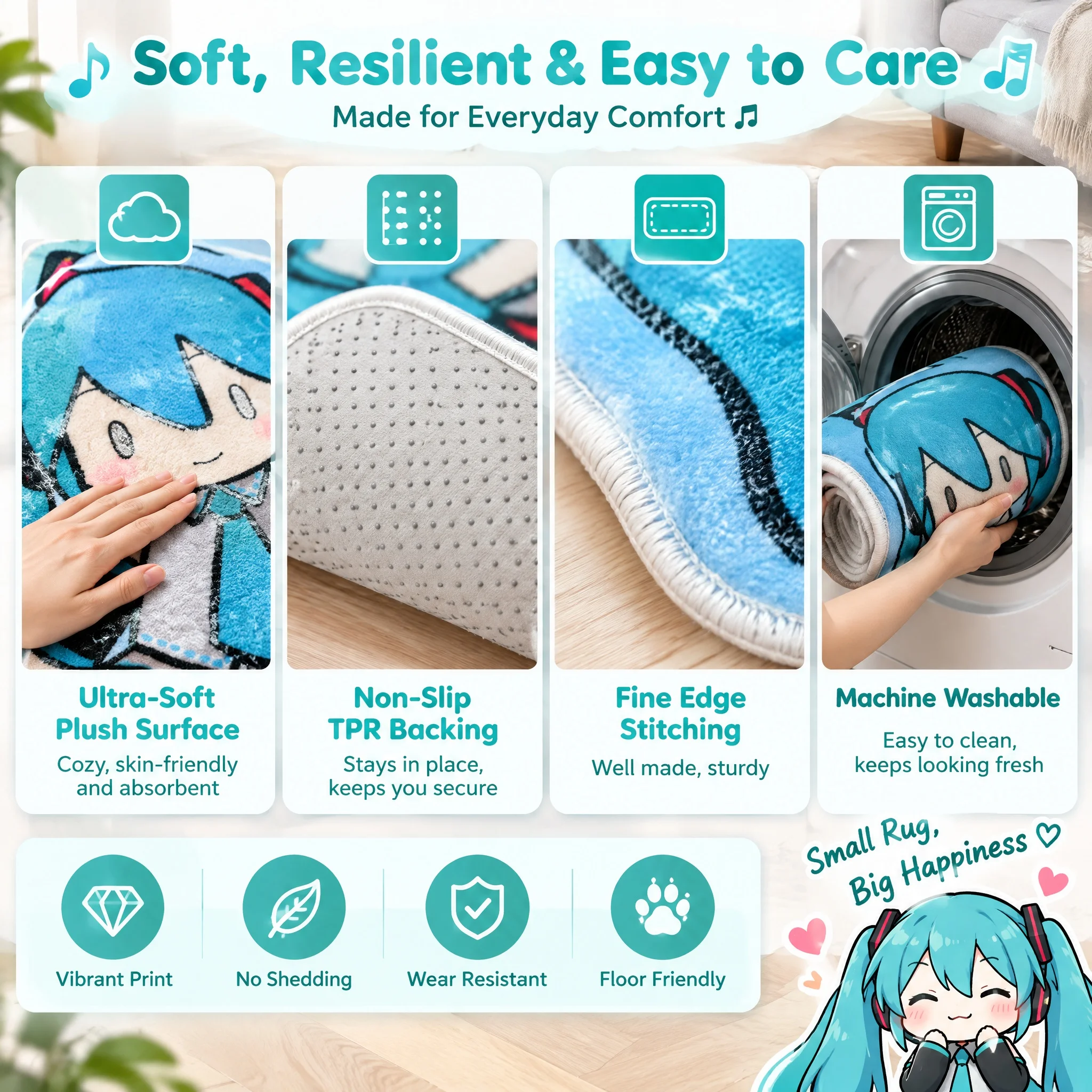 Alfombra de suelo con forma de Hatsune Miku, antideslizante, ideal como felpudo, con un diseño adorable de anime, perfecta para decorar dormitorios, salas de juegos, entradas y el hogar.