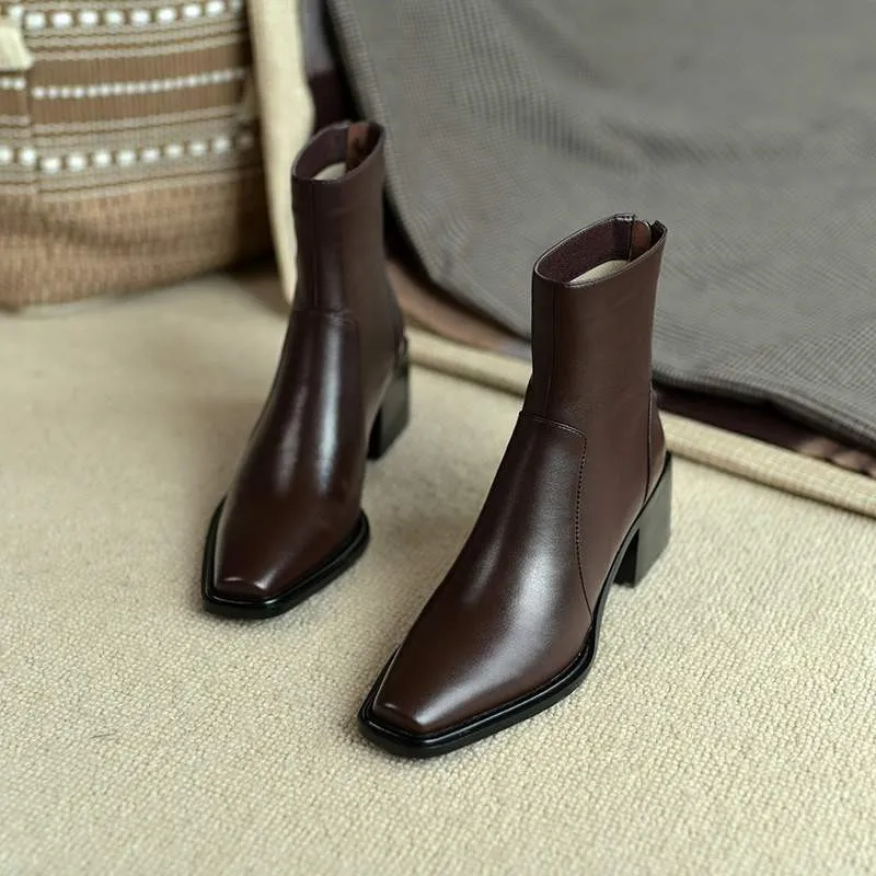 Dilalula Genuine Leather Short Boots Women Square Toe Thick High Heels Women Daily Autumn Winter Chelsea Boots Female 2025