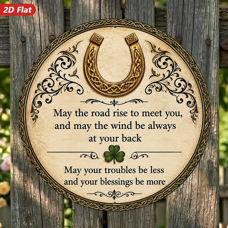 2D Flat, 1pc Irish Blessing Quote Round Metal Sign Wall Art, Celtic Horseshoe, Home Decor, Ideal for Workspace Dining Room Livin