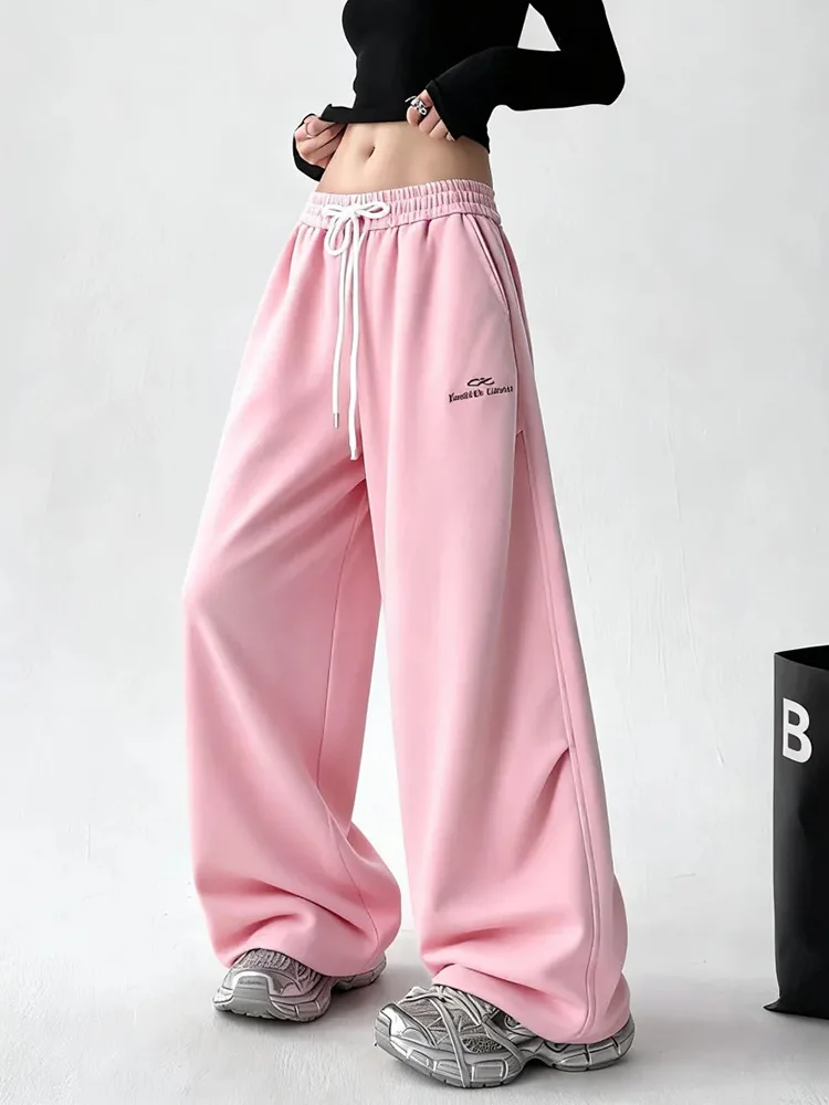 

Розовые спортивные штаны с буквами, женские милые винтажные брюки с высокой талией, осенне-зимние брюки, повседневные свободные брюки в корейском стиле в консервативном стиле, ретро, на шнуровке