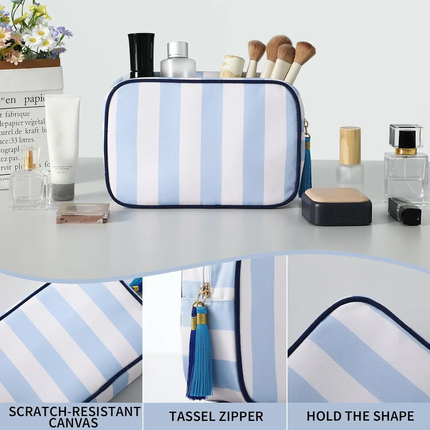 Große gestreifte tragbare Kosmetiktasche für Damen, Make-up-Tasche mit Quasten und Reißverschluss, große Kapazität, lässige Tragetasche mit Reißverschluss – Detail 15