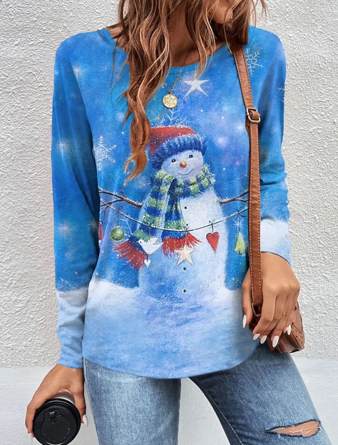 Christmas Women\'s Long Sleeve T shirt Tee Snowman 3D Print  Festival Holiday Funny O-Neck Regular Fit Spring/Fall Sweatshirt