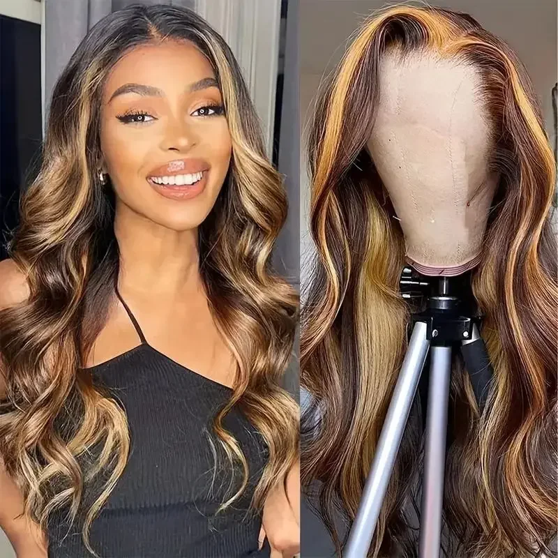 New lace front synthetic wig, new wig, piano color, black, lace front wig, Brazilian wig, women's blonde hair, wavy wig