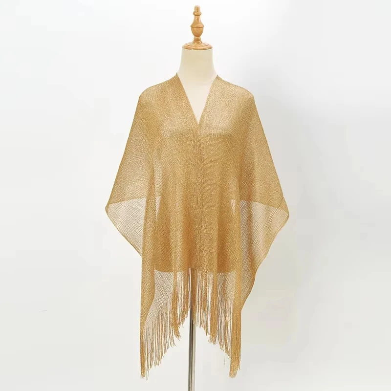 Sexy Fashion Bright Silk Sunscreen Shawl Gold Silver Shiny Scarves For Women Lace Tassel Party Evening Dress Scarf