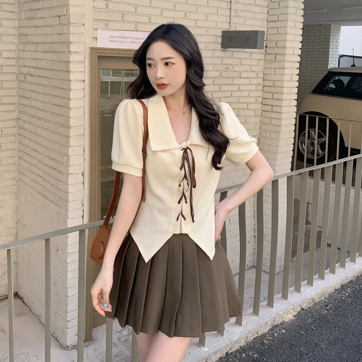 

Short Sleeve Shirts Womens l Pintuck Balloon Sleeve Cropped Shirt Leisure Minimalist Artistic Preppy Youthful Girlish College