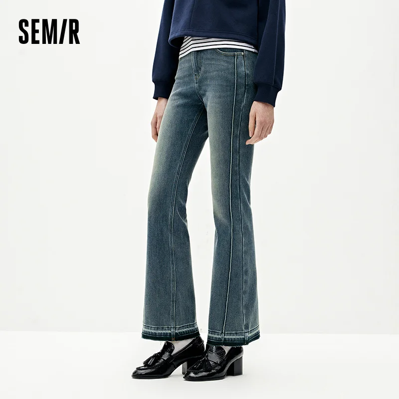 Semir Women Denim Jeans Stretch Panel Design Fleece Lined Raw Hem Streetwear Flared Leg 2026 New Winter Daily Wear