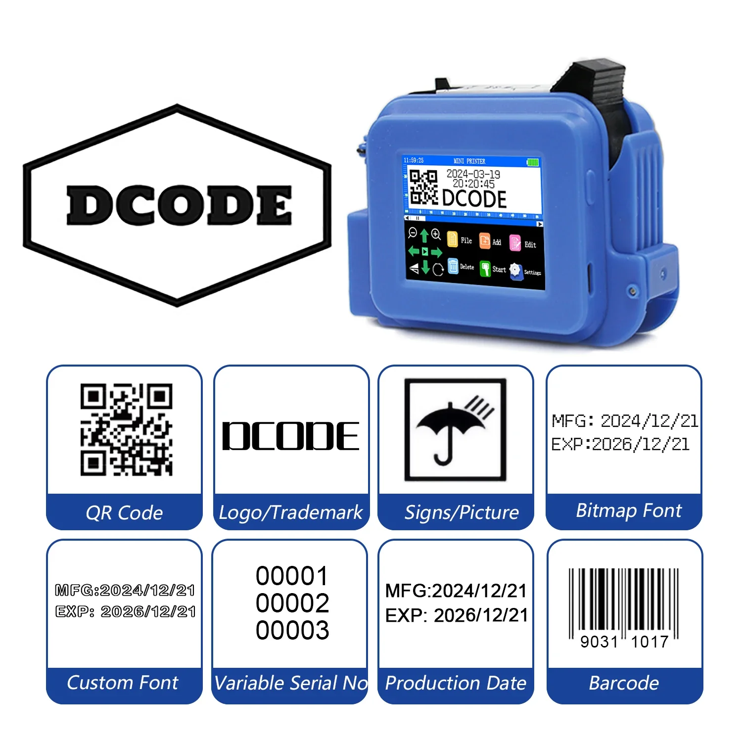DCODE XMINI-Imprimante Portable à Jet d\'Encre, Machine d\'Impression de Codes-barres, Numéro de Lot, Logo, Image, Date, Texte, QR, 12.7mm