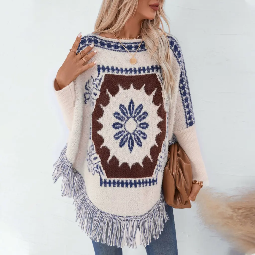 

Women's Drizzle Vintage Ethnic Turtleneck Sweater Shawl Long-Sleeved Knitted Poncho Loose Fit Autumn Winter Fashion