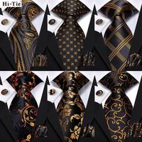 Hi-Tie Psialey Black Gold Silk Elegant Tie For Men Groom Wedding Men Necktie Pocket Square Cufflink Accessory Wholesale Designer