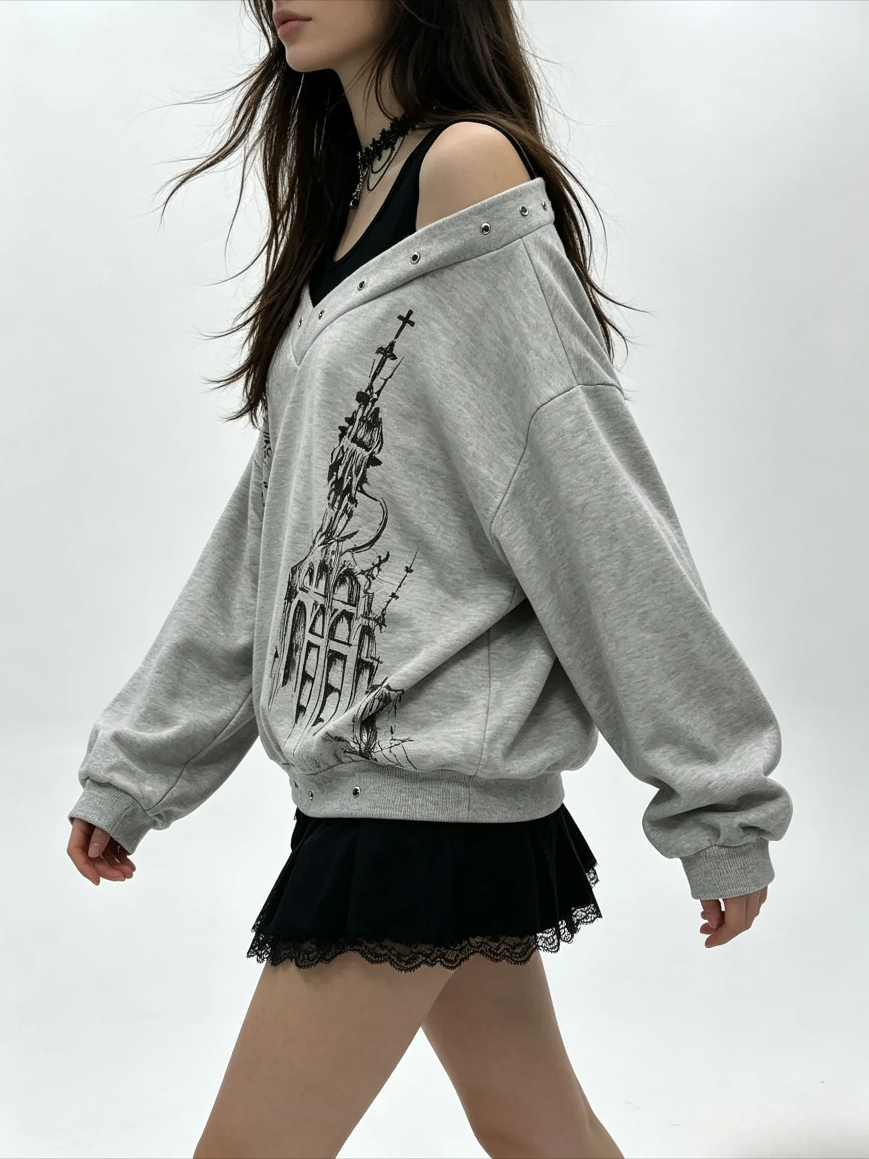Grey Black Cross Print Fake Two Piece Off Shoulder Sweatshirt Long Sleeve Loose Fit Dark Style Castle Pullover Casual Street Top