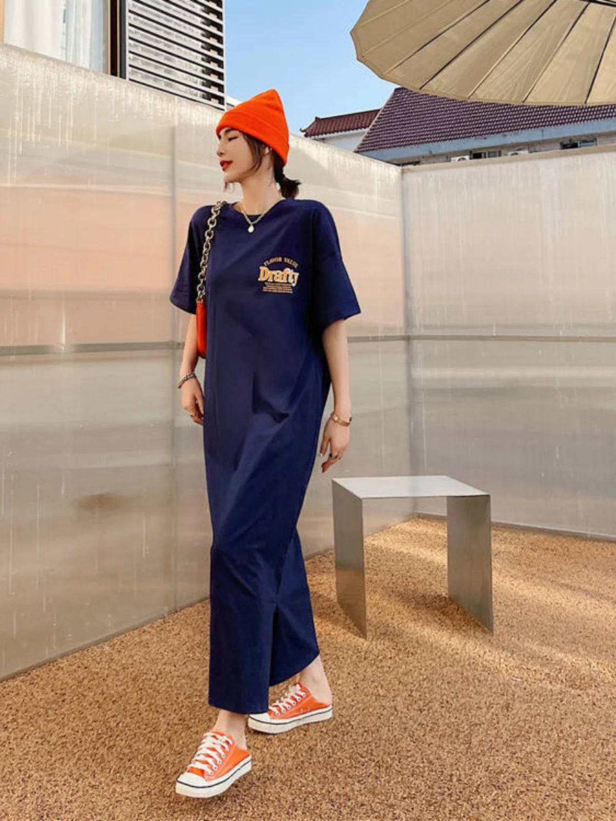 Summer New Fashion T-shirt Dress Long Over-Knee Letter Loose Match Sleepwear Korean Style A-Line Skirt Short Sleeve round Neck