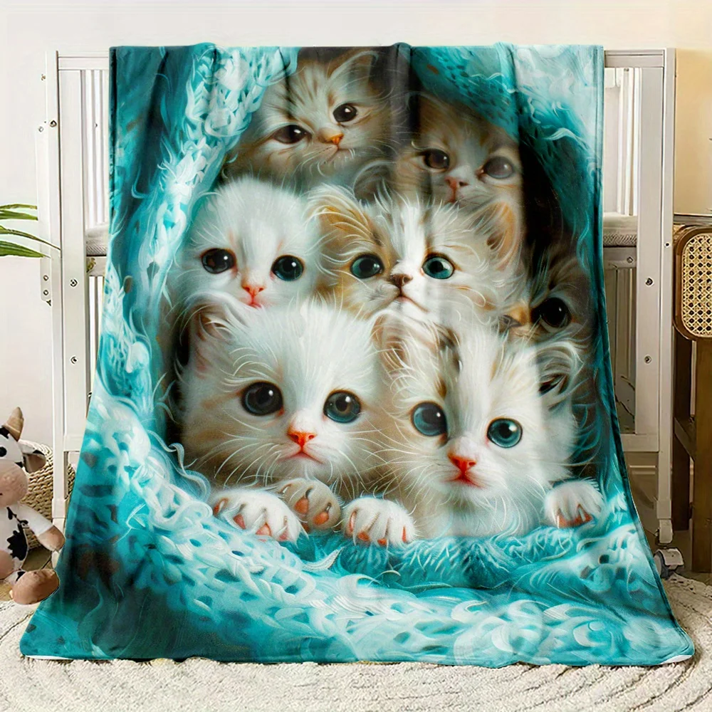 Cozy Flannel Kitten Blanket Throw for Couch Plush Polyester Sherpa Warm Home Decor Gift for Cat Lovers Xmas Birthday Bedroom